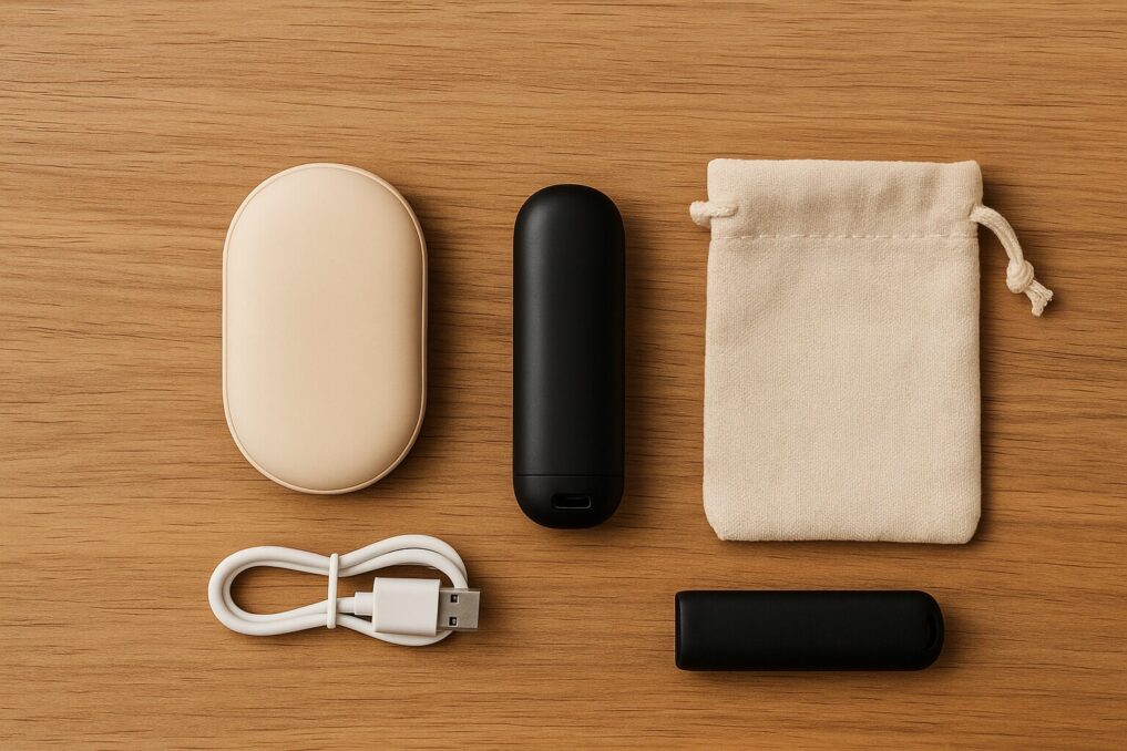 100均や量販店で探す充電式カイロをイメージした薄型楕円とスティック型の比較写真