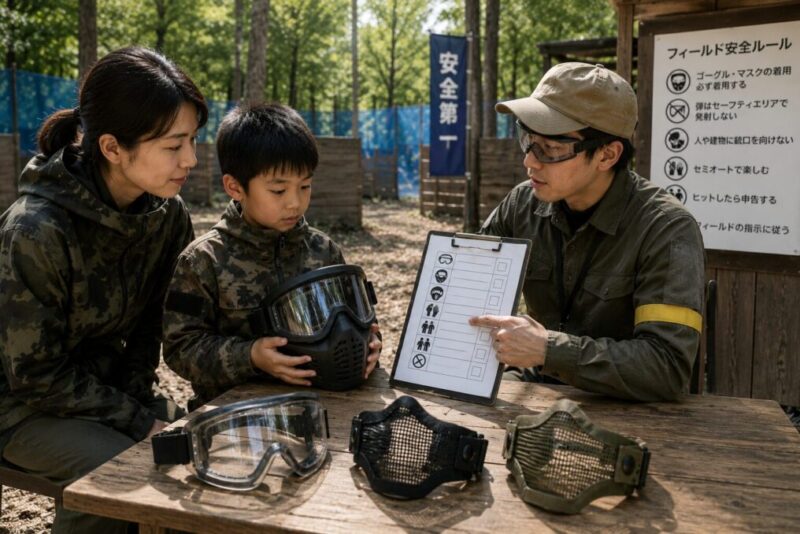 子供が参加するサバゲー前にフルフェイスゴーグルの安全ルールを確認する様子