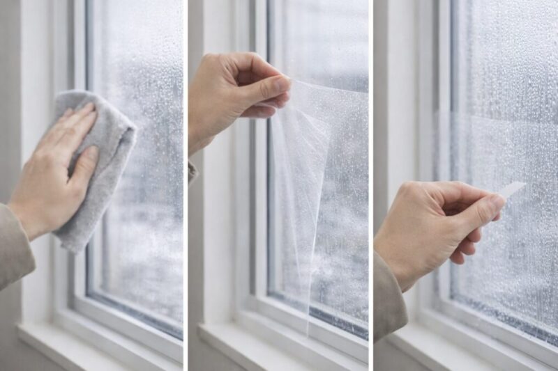 窓ガラスを拭いてから透明シートを貼り、空気を抜きながら丁寧に仕上げている手元のイメージ