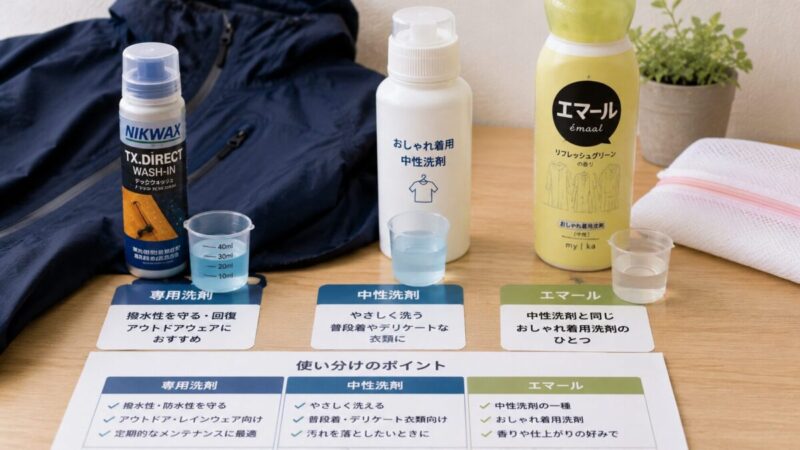 ネイビーのレインジャケット、洗濯ネット、複数の洗剤ボトルを木製テーブルに並べた比較写真。
