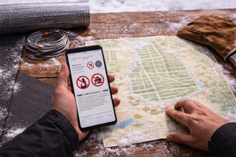 キャンプ場の薪ストーブ利用ルールを事前確認するイメージ