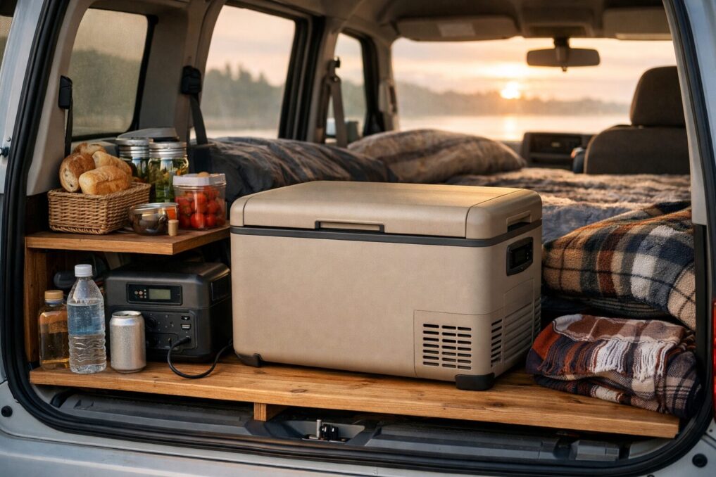 車中泊用ポータブル冷蔵庫を軽バンの荷室に設置した実用イメージ