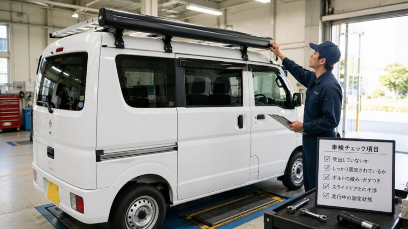 サイドオーニングの固定状態と突出部分を車検前に点検する軽バン