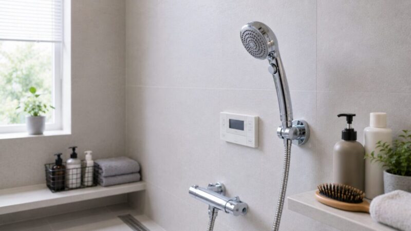 シャワーヘッドのミスト効果を感じにくいときに、温度や水流モード、使い方を見直す浴室の画像。