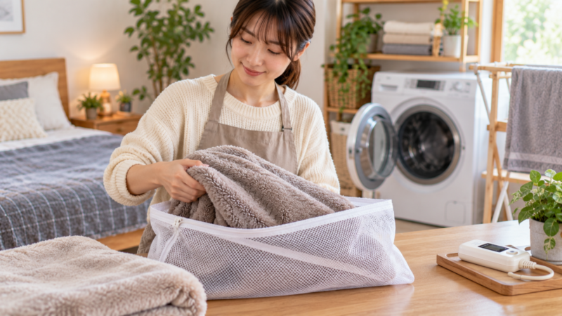 コントローラーを外した電気毛布を洗濯ネットに入れてお手入れする女性
