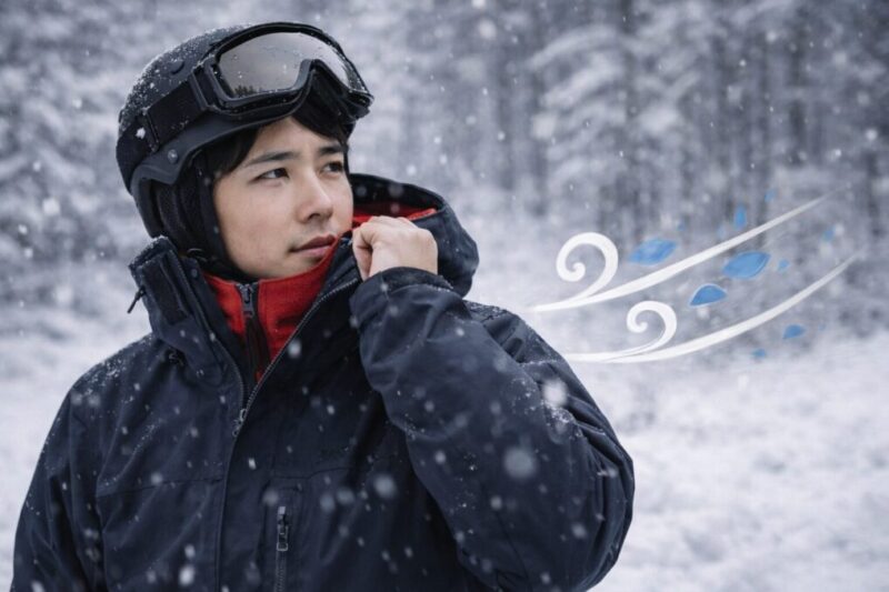 雪と風が強い状況でアウターの防風性が重要だと分かるイメージ