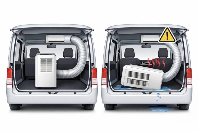 同じ車内で冷房機を正常な向きで置いた場合と横倒しで使った場合を並べ、横置きで起こりやすい熱こもりや水漏れのリスクを比較したイメージ図