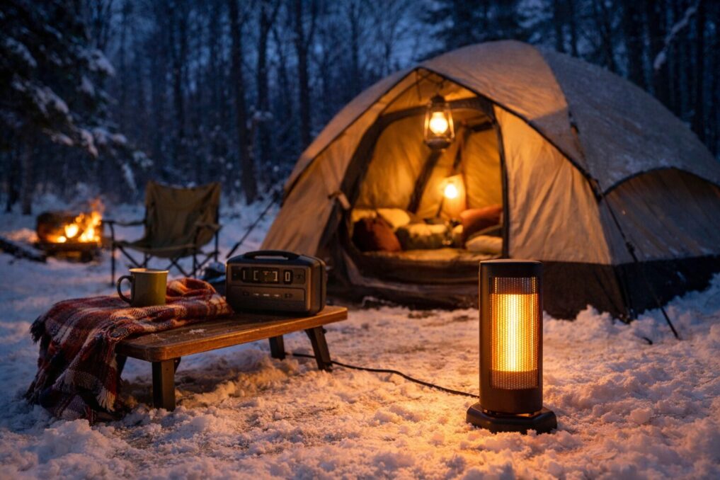 冬の夕方のキャンプサイトで、テント前に置いた縦長ヒーターが暖かく光る様子