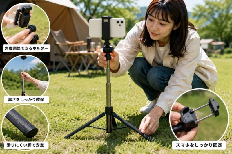 芝生に低く設置した三脚一体型自撮り棒とスマホホルダー