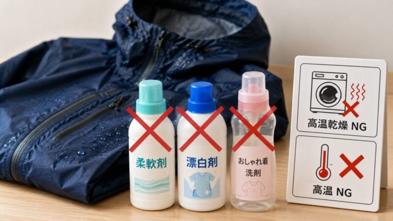 ネイビーのレインジャケットの前に、柔軟剤・漂白剤・おしゃれ着用洗剤と高温乾燥を避ける注意を示したケア用品のイメージ。