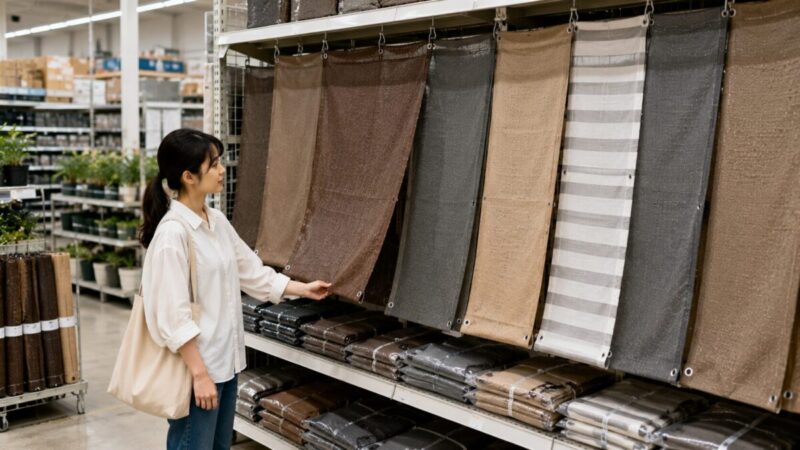 ホームセンターの売り場で色や素材が異なる屋外用日よけシェードを比較している様子