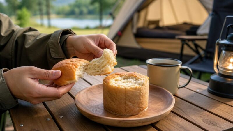 キャンプで保存パンを朝食として食べる様子
