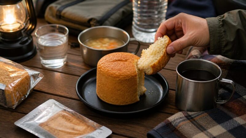 非常食パンを美味しく食べるために飲み物やスープと組み合わせる様子