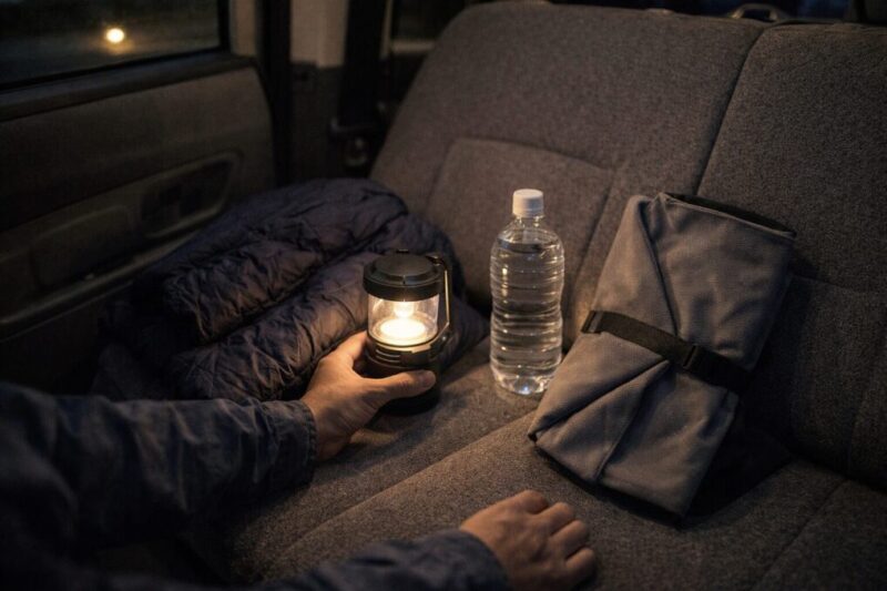 初心者向けに車中泊の必需品を車内で準備するイメージ