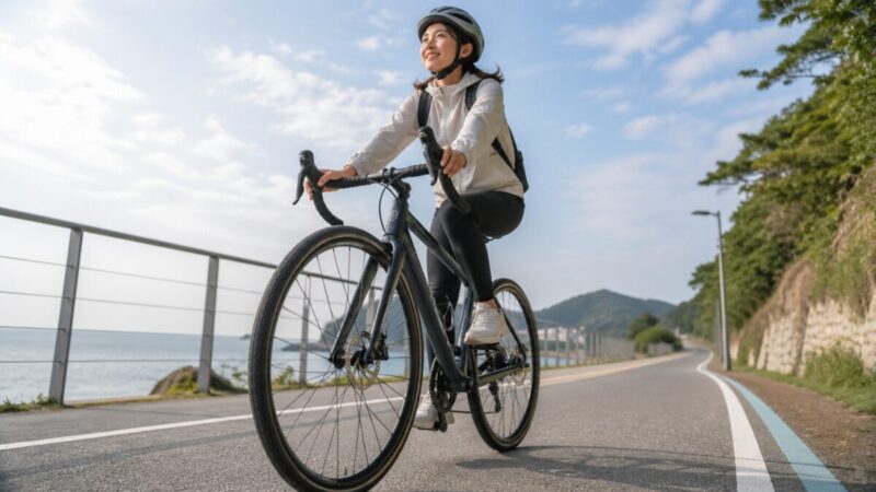 海沿いの舗装路を安定して走る自転車タイヤのイメージ。
