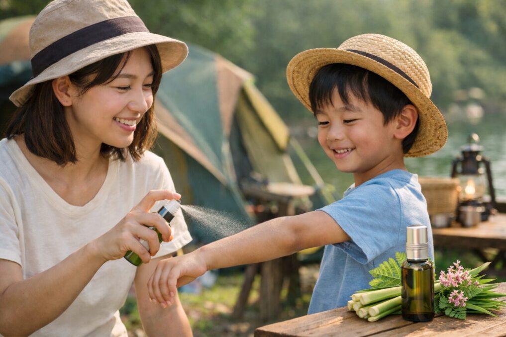 キャンプ場で親が子どもの腕に虫よけミストを吹きかけている様子