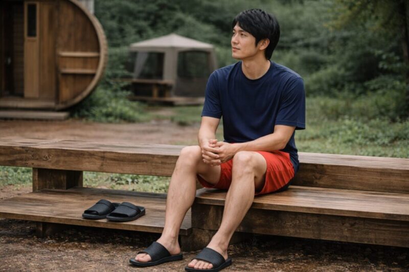 男性向けの動きやすいグランピングサウナ服装例