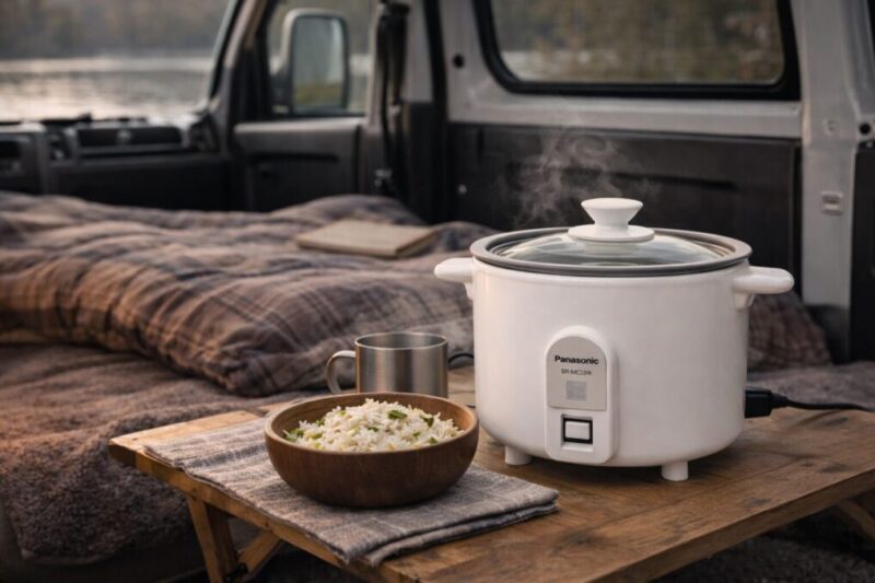 車中泊仕様の軽バン車内で、小型炊飯器と一人分のご飯を並べた少量炊飯のイメージ