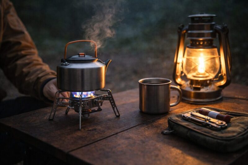 焚き火なしでも楽しめるミニマルな調理と雰囲気づくりの様子