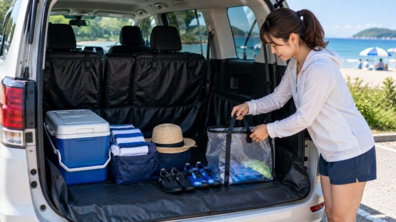 海水浴後の濡れ物やマリンシューズを防水対策した車の荷室へ整理する女性