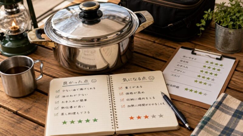 ステンレス深鍋の使いやすさと注意点をレビュー形式で確認している様子