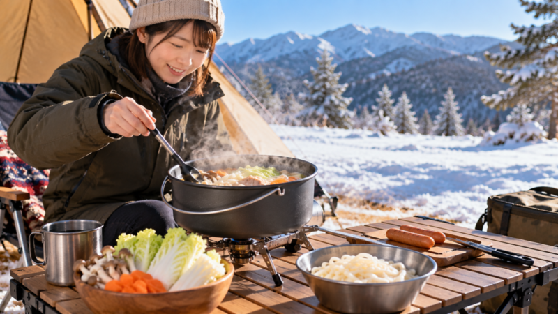 冬キャンプで鍋を使って簡単なご飯を準備する様子