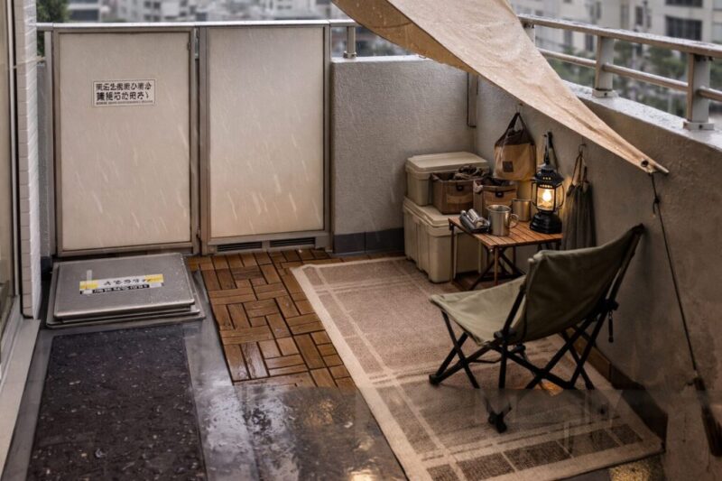 避難経路を確保しながらベランピング用品を配置したマンションベランダ