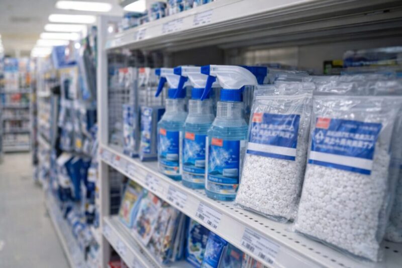 融雪剤や解氷スプレーなど凍結対策用品が店頭で並んでいる様子