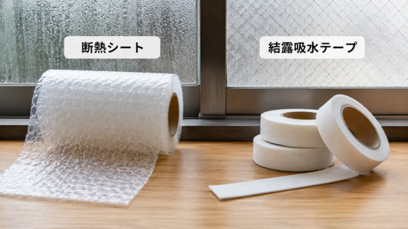 窓用の気泡断熱シートと結露吸水テープを左右に並べて比較した様子