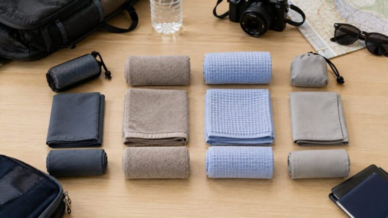 軽量タイプ、薄手パイル、ワッフル、予備用を並べた旅行向け速乾タオルの比較