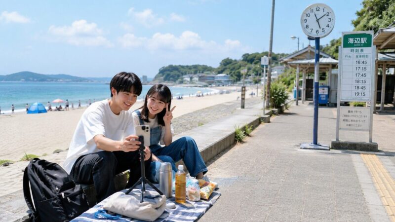 海辺で写真と軽食を楽しみながら帰宅時間を確認する高校生カップル