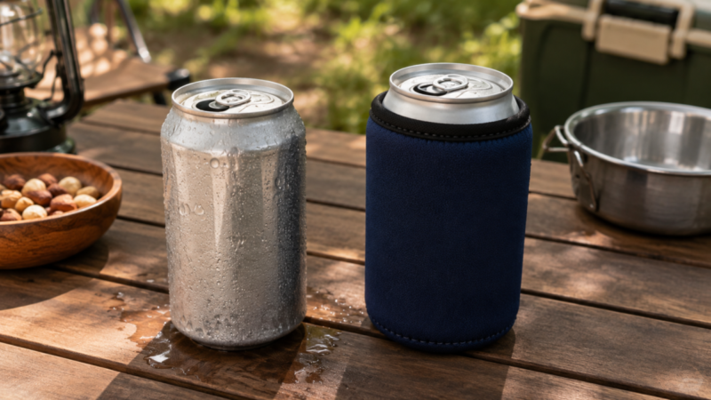 結露した缶と布製保冷カバーを装着した缶をキャンプテーブルで比較する様子