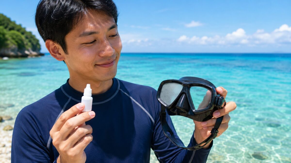 シュノーケリングマスクの曇り止めを手に海へ入る準備をする男性