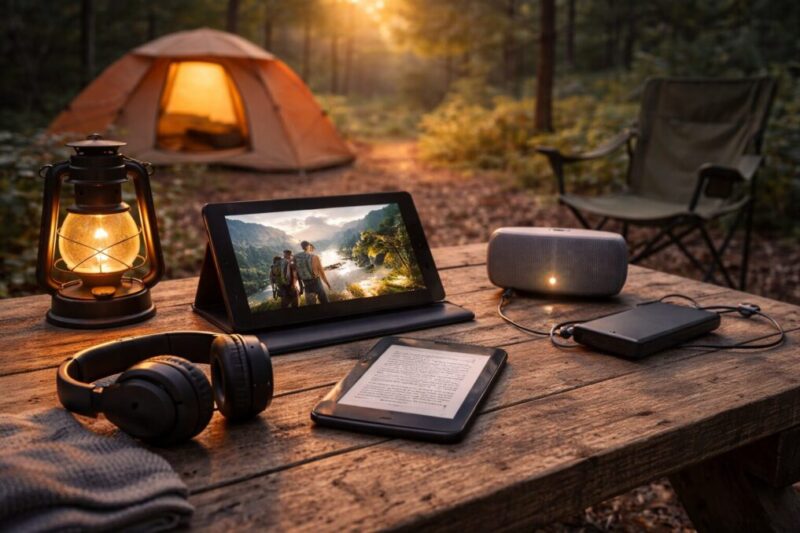 夕暮れのキャンプサイトで、ランタンの灯りの下にタブレット、電子書籍端末、ヘッドホン、スピーカー、モバイルバッテリーが並んでいる風景。