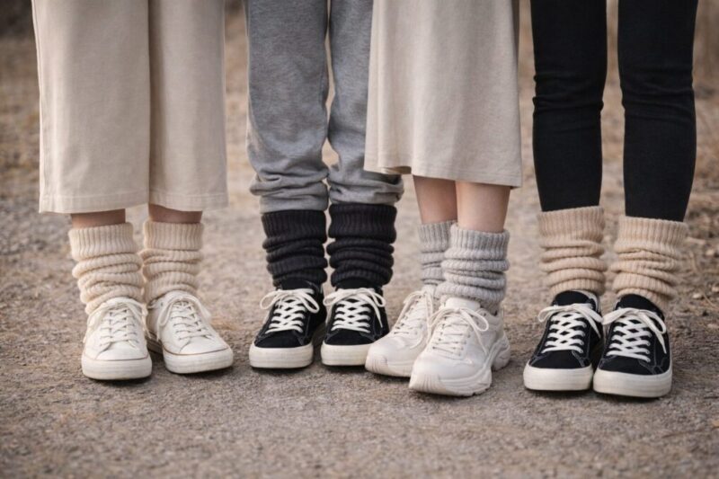 色味の違うレッグウォーマーとスニーカーを並べ、足元の印象を比較できる写真