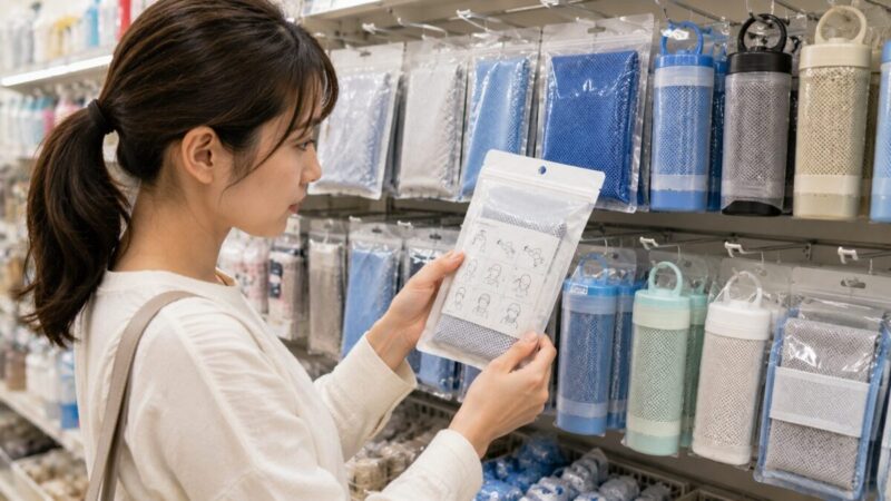 100円ショップの売り場で冷感タオルの使用方法とパッケージを確認する女性