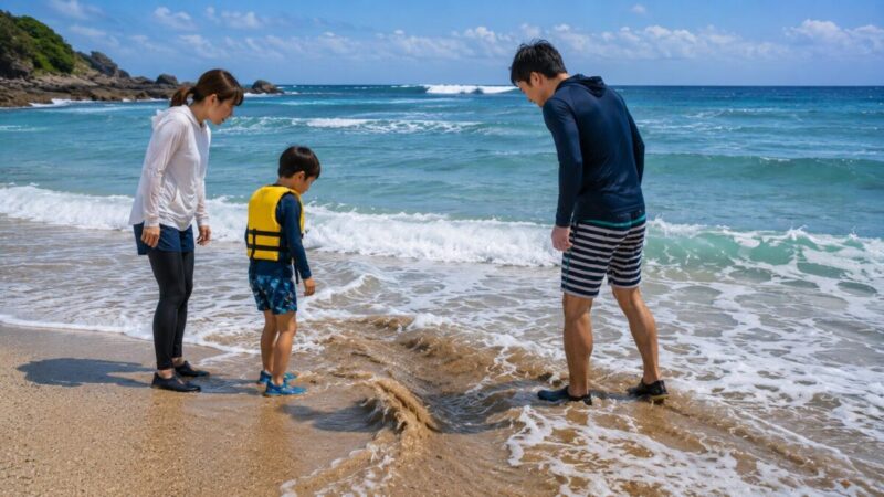 引き波で足元の砂が動く浅瀬を確認する日本人家族