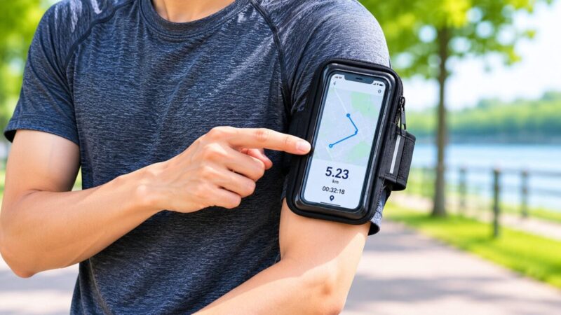 腕に装着したアームポーチでスマホ画面を確認するランナーのイメージ