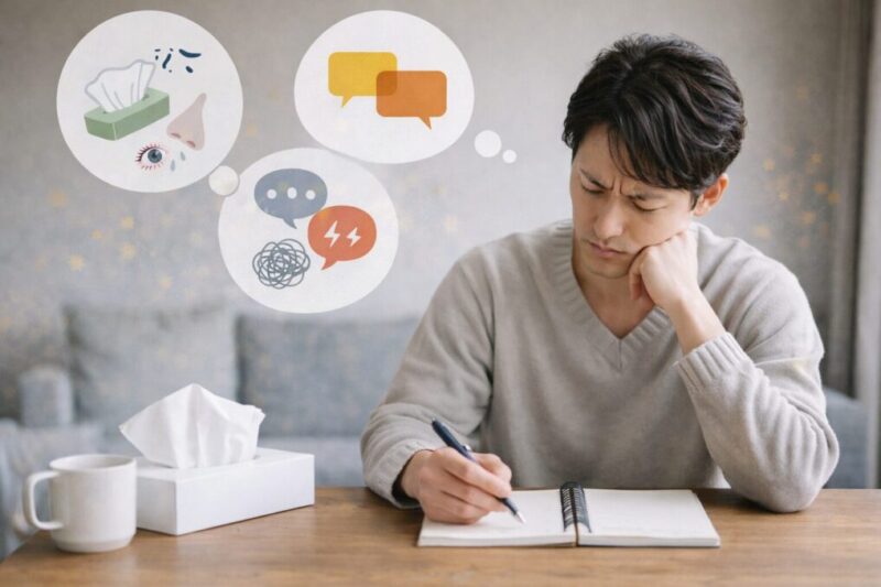 花粉症のつらさと会話の負担を分けて考えながら気持ちを整理している様子のイメージ