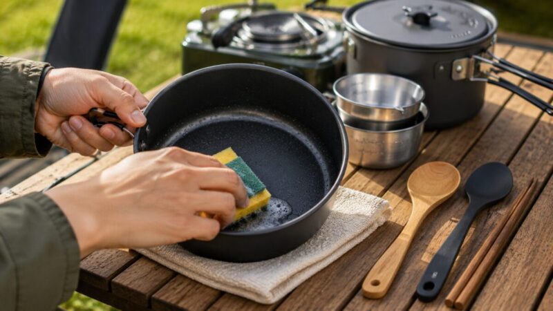 ノンスティック加工クッカーを柔らかいスポンジで洗う手元