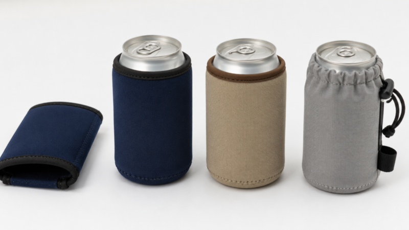 折りたたみ式のスタビーホルダーと筒型・袋型・巾着型の缶カバーを比較した様子