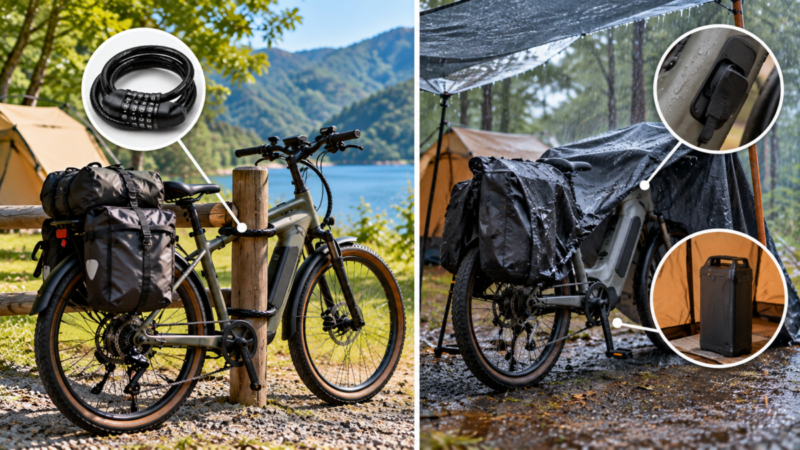 電動自転車の盗難対策と雨天時のバッテリー保護を比較した様子