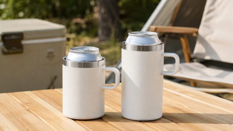 350ml用と500ml用の白い取っ手付き保冷缶ホルダーをキャンプテーブルで比較した様子