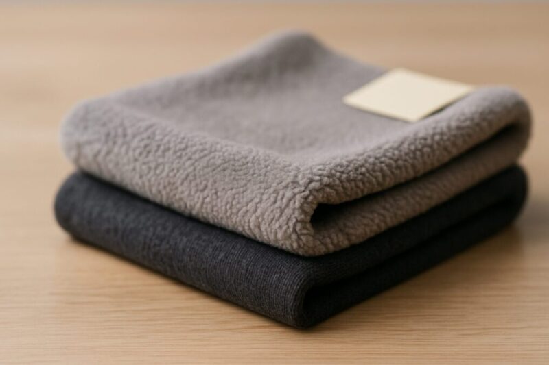 価格帯で厚みが違うネックウォーマーを重ねて比較するイメージ