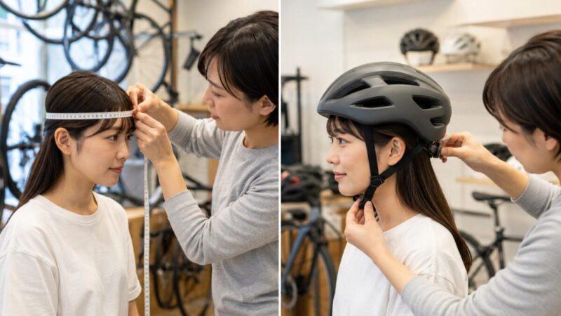 頭囲を測り自転車用ヘルメットのサイズとフィット感を確認する女性