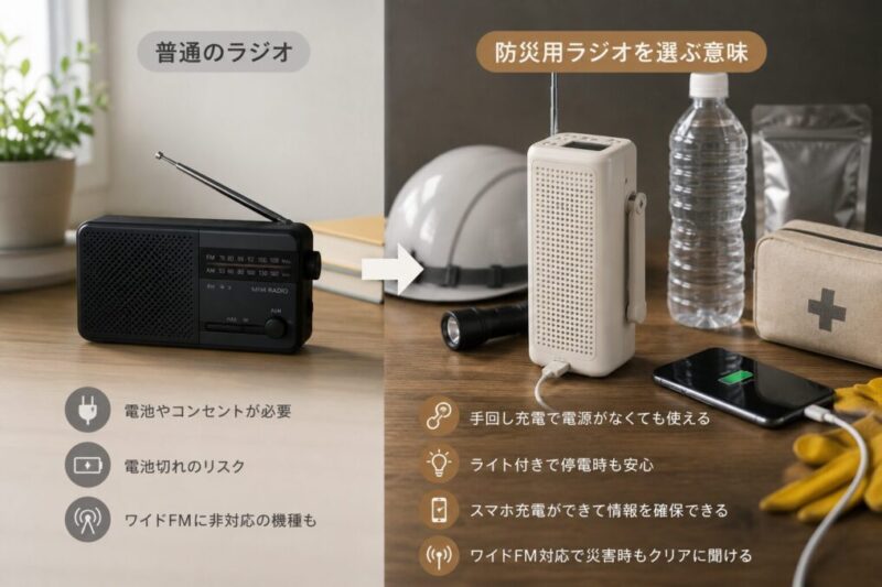 普通のラジオと防災用ラジオの違いを比較したイメージ