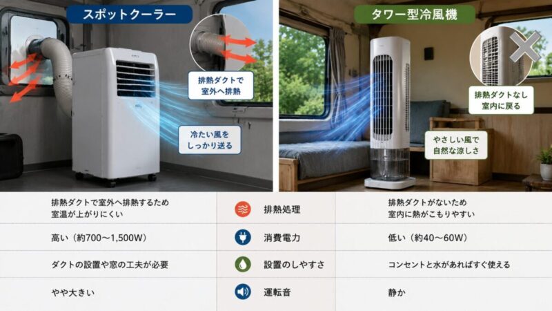 スポットクーラーとタワー型冷風機の排熱処理の違い