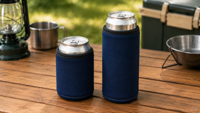 350ml缶用と500mlロング缶用の布製カバーの高さと底部を比較した様子