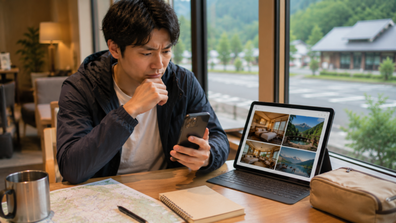 スマホで予約が進まず別端末で宿泊先を確認する旅行者