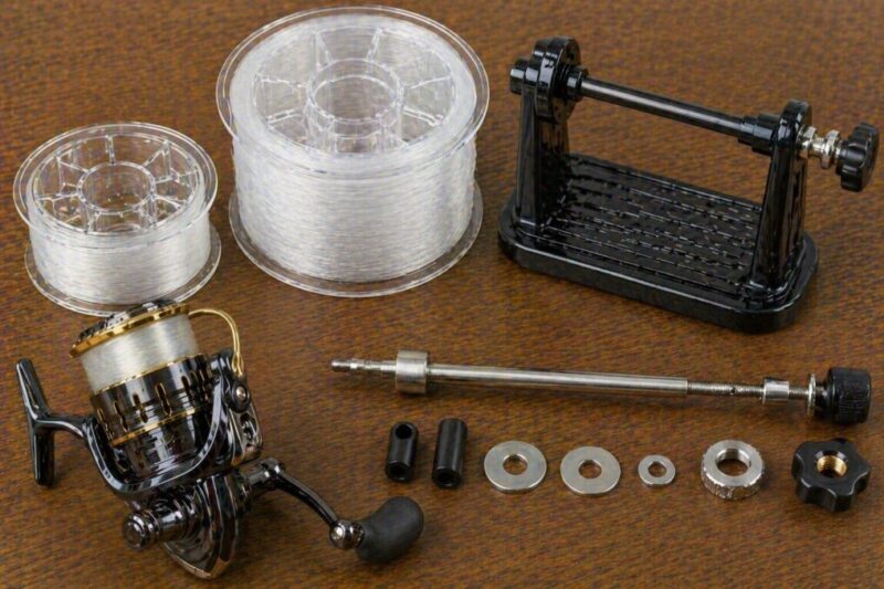 大型スプールや追加パーツを並べ、ライン巻き替え器具の拡張性を確認している様子。